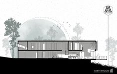 an architectural drawing of a house with trees and moon in the background, as well as text that reads contemplative design