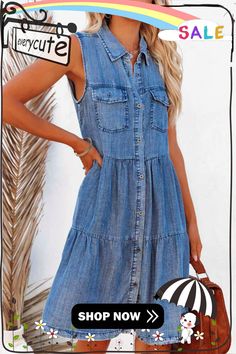 Sky Blue Flap Pockets Button Up Sleeveless Denim Dress Washed Blue Button-up Denim Vest For Summer, Casual Sleeveless Medium Wash Denim Dress, Casual Sleeveless Denim Blue Dress, Summer Washed Blue Denim Dress With Buttons, Blue Denim Vest With Pockets For Summer, Sleeveless Medium Wash Denim Beach Dress, Sleeveless Dark Wash Dress With Buttons, Summer Blue Denim Vest With Pockets, Sleeveless Washed Blue Denim Dress With Pockets