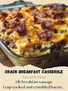 a casserole dish with bacon and cheese on it is shown in the advertisement