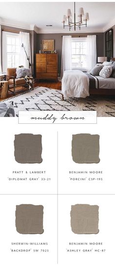 the color scheme for this bedroom is neutral, and it's all in shades of gray