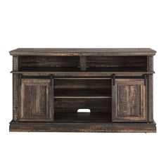 an entertainment center with two doors and drawers on the front, one door open to reveal a