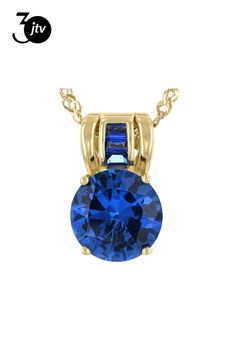 3.27ct Round And 0.03ctw Baguette Lab Created Blue Spinel 18k Yellow Gold Over Sterling Silver Pendant With 18" Singapore Chain. Measures Approximately 0.60"L x 0.39"W. 1.5mm bail. Lobster clasp with 2"extender. Round Lab-created Sapphire Jewelry With Channel Set, Round Channel Set Lab-created Sapphire Jewelry, Sapphire Baguette Cut Birthstone Jewelry, Sapphire Jewelry With Diamond Baguette Cut, Anniversary Yellow Gold Lab-created Sapphire Jewelry, Anniversary Yellow Gold Jewelry With Lab-created Sapphire, Luxury Yellow Gold Jewelry With Lab-created Sapphire, Yellow Gold Sapphire Jewelry Baguette Cut, Gold Sapphire Jewelry With Baguette Cut