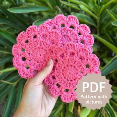 a pink crocheted flower is held up in front of some green plants with text overlay that reads, pattern with pictures