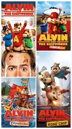 the movie poster for alvin the chipmuns is shown in four different colors and sizes