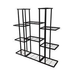 three black metal shelves on each side of the same wall, one with four different sections