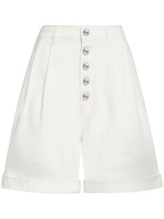 milk white cotton embroidered logo to the rear signature Pegaso motif embossed silver-tone buttons pintuck detailing front button fastening high-waisted belt loops two side inset pockets two rear button-fastening jetted pockets turn-up hem Pants Collection, Shorts White, Pin Tucks, Short Outfits, White Cotton, Bermuda Shorts, White Shorts, Womens Bottoms, Top Brands