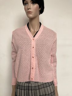 "Cute lace effect knitted cardigan in marshmallow pink - Classic 1960s - 5 button front Label: St. Michael Size: Original label states bust 36\". Measurements approximately UK10/12 but dependent on desired fit as with all knitwear there is some flexibility. For reference mannequin pictured is size 10. Bust 36\"/ 91cm Length centre back 22\"/ 56cm Condition: Good Condition no marks or damage  Postage: Royal Mail 2nd Class signed/ International tracked. Any other questions please ask!" Fitted Pointelle Knit Cardigan For Daywear, Fitted Button-up Pointelle Knit Cardigan, Fitted Button-up Cardigan With Pointelle Knit, Fitted Pointelle Knit Button-up Cardigan, Classic Fitted Pink Cardigan, Fitted Classic Pink Cardigan, Elegant Pink Sweater With Button Closure, Elegant Pink Cardigan With Button Closure, Pink Button-up Cotton Cardigan