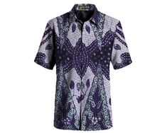 Madura Batik Shirt 100% handmade from the Indonesian island of Madura : Customise shirt size Printed Cotton Hawaiian Shirt, Purple Short Sleeve Shirt For Vacation, Summer Cotton Shirt With Batik Print, Traditional Short Sleeve Shirt For Beach, Traditional Short Sleeve Shirt For The Beach, Relaxed Fit Batik Print Top With Short Sleeves, Relaxed Fit Short Sleeve Batik Print Top, Relaxed Fit Short Sleeve Top With Batik Print, Relaxed Fit Short Sleeve Batik Top