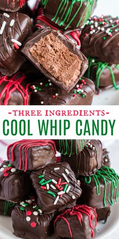 there is a white plate with chocolate covered candys and the words three ingredients - cool whip candy