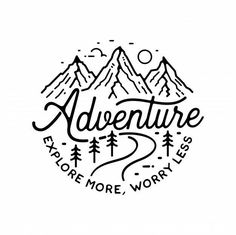 the adventure logo is shown in black and white with mountains, trees, and clouds