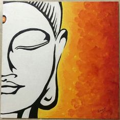 a painting of a buddha face on an orange and yellow background