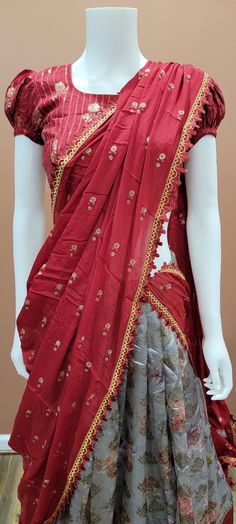 Attractive Banaras Digital Printed half saree set in Red and Grey. Blouse size : 32 Inches Lehenga length: 39 inches Red Chanderi Pre-draped Saree With Unstitched Blouse, Red Chanderi Pre-draped Saree With Dupatta, Red Pre-draped Saree With Sheer Dupatta For Puja, Festive Red Cutdana Sets, Red Pre-draped Saree With Sheer Dupatta In Dola Silk, Red Georgette Pre-draped Saree With Pallu, Red Designer Pre-draped Saree For Navratri, Red Pre-draped Saree With Cutdana, Designer Red Pre-draped Floor-length Saree