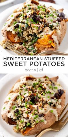 two plates with stuffed sweet potatoes on them