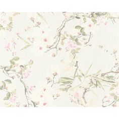 a white wallpaper with pink flowers and green leaves