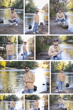 a collage of photos showing a man sitting in front of a river