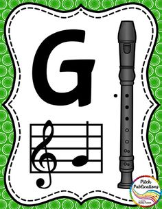 the letter g with music notes and a recorder in front of green polka dot background