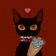 a black cat holding a bouquet of flowers