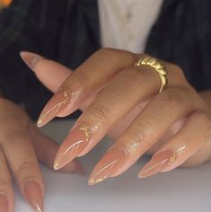 Fall Wedding Guest Nails Ideas Classy, November Nails Almond Shape, Elevated French Tip Nails, Gold French Tip Nails Coffin, Almond Nails On Black Women, Neutral And Gold Nails, Gold Sparkle French Tip Nails, Almond Fall Nails Design, Nails With Leaf Design