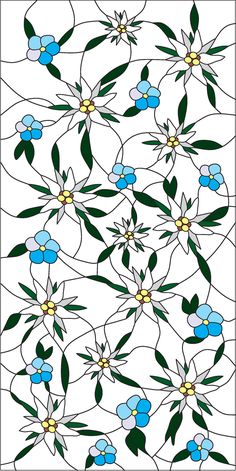 an image of blue flowers and green leaves on a white background with black outlines