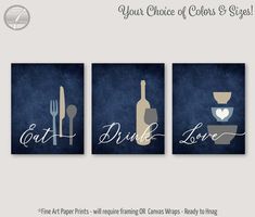 three wine bottles with the words eat drink love on them, and two forks and spoons