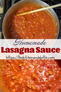 homemade lasagna sauce in a pot with a wooden spoon and title overlay