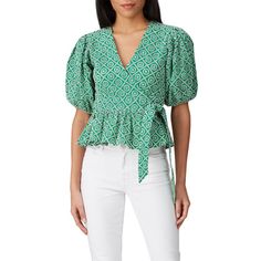 Green printed eyelet (100% Cotton). Top. Short sleeves. V-neckline. Hook-and-eye closure. 20" from shoulder to hemline. Imported. Spring V-neck Top For Daywear, Fitted Short Sleeve V-neck Top For Spring, Fitted V-neck Top With Short Sleeves For Spring, Cotton V-neck Top For Spring Day Out, Fitted Cotton V-neck Top For Spring, Fitted V-neck Short Sleeve Top For Spring, Chic Cotton V-neck Top For Day Out, V-neck Tops For Spring Daywear, V-neck Top For Daywear In Spring