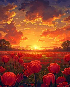 the sun is setting over a field full of red flowers