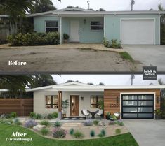 before and after photos of a house with wood siding, front porch, and garage