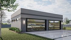 a rendering of a modern garage with two cars parked in the driveway and one car on the other side