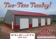 two - tone tuesday garage with red roof and white doors in front of a field