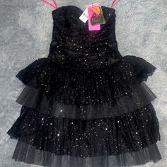 Betsy Johnson Black Sequence Cute Party Dress W/Removable Straps (Size 6)....New With Tags Holiday Strapless Mini Dress For Evening, Holiday Evening Strapless Mini Dress, Holiday Mini Strapless Evening Dress, Strapless Mini Dress For Holiday Evening, Holiday Evening Mini Strapless Dress, Strapless Ruffle Party Dress, Glamorous Strapless Dress With Ruffles For Parties, Fitted Strapless Dress For Prom Party, Chic Strapless Dress For Party Gala