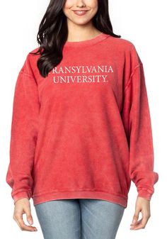 Make your way to the big game in this Transylvania PioneersWomens Crimson Corded Crew Sweatshirt! This Pioneers Long Sleeve Sweatshirt features a screen print school name on center chest. Stay warm and comfortable with this Womens Transylvania University Pioneers Crew Sweatshirt. Pullover crew, Vintage Washed, Extra Soft Heavy Knit, Corded Texture, Oversized Body, Unisex, Crew Neck, Below Hip Collegiate Fall Fan Gear Tops, Soft-washed Long Sleeve Top For Game Day, University Red Tops For Fall, Winter Game Day Relaxed Fit Tops, Casual University Red Top For Fall, Collegiate University Red Tops For Fall, University Red Collegiate Top For Fall, University Red Long Sleeve Top For Game Day, University Red Cotton Top For Fall