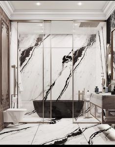 an elegant bathroom with marble walls and flooring