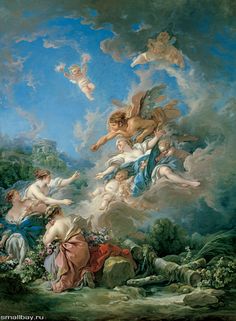 an image of a painting with angels in the sky and people sitting on the ground