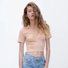 $ Crop Polo Shirt, White Halter Crop Top, Cropped Polo Shirt, Pink Tube Top, Beige Crop Tops, Turtle Neck Crop Top, Polo Shirt Colors, Black Sleeveless Top, Zara Crop Top