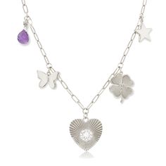 Amethyst Stone, Butterfly, CZ Clover, Heart, & Star Charm Necklace Available in 14K Yellow or White Gold Plating Chain: 16-20" Length Large charm: 0.75" Diameter Small charm: 0.30-0.50" Diameter Pave-set with high intensity CZs Purple Pendant Necklaces With Charms, Purple Pendant Necklace With Charms, Sparkle Hoop Earrings, Multi Band Ring, Purple Bead Necklace, Jennifer Miller, Maria Shriver, Triple Hoop Earrings, Criss Cross Ring