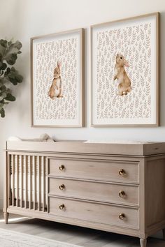 two framed pictures hang on the wall above a crib in a baby's room