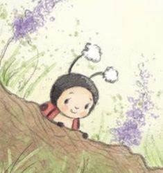 a drawing of a little boy sitting on top of a tree trunk with flowers growing out of it