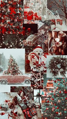 a collage of christmas pictures with red and white ornaments, presents, trees, and gifts