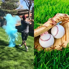 a man throwing blue powder at baseballs in the grass and then hitting them with a baseball mitt