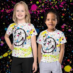 Your greatest achievement is being who you want to be. Express yourself! Child unisex all-over graffiti paint splatter print tee - Sizes 2T - 7 This product is made to order and will take at least 4-5 days to produce before it is shipped This exclusive design is only available at Hunky Donkey! SHIRT INFO: Get a t-shirt for your kids that has it all--colorful design that looks great, and a fit that allows the kiddos to participate in all of their favorite activities and be comfy the whole time. The ultimate kids tee. * 95% polyester, 5% elastane (fabric composition may vary by 1%) * Fabric weight: 6.19 oz/yd² (210 g/m weight may vary by 5% * Premium knit mid-weight jersey * Four-way stretch fabric that stretches and recovers on the cross and lengthwise grains * Regular fit * Crew neck * Bla Kids Tees, Puffy Paint, Toddler Boy Fashion, Toddler Girl Style, Toddler Art, Toddler Boy Outfits, Print Tee, Paint Splatter, Colorful Design