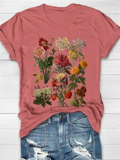 Vintage Garden Flowers Print Women's T-shirt Pink Crew Neck Top With Plant Print, Vintage Spring Shirt With Plant Print, Pink Graphic Tee With Plants Print, Pink Graphic Tee With Plant Print, Vintage Relaxed Fit T-shirt With Plants Print, Casual Pink T-shirt With Plant Print, Spring Bohemian T-shirt With Vintage Print, Pink T-shirt With Plants Print In Relaxed Fit, Pink Cotton T-shirt With Plant Print