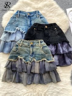 Over Consumption Fashion, Customized Skirt, Aesthetic Bottoms, Denim Upcycle, Custom Skirt, Punk Jeans, Patchwork Denim Skirt, Skirt With Ruffles