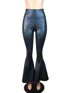 "**Due to SO MANY issues with USPS - we STRONGLY ENCOURAGE you to purchase the UPS Upgrade with your order located here: https://www.etsy.com/listing/926751536/ups-upgrade Made of stretchy black hologram shimmery spandex - these high-waisted bell bottoms will fit you perfectly. They hug your hips and flare out at the feet. This color is stunning! The inseam is 35\" (the mannequin is 5'8\") but can be customized by putting your desired inseam in the comments/notes when checking out. Womens Sizing High Stretch Blue Party Bottoms, High Stretch Blue Bottoms For Party, Stretch Disco Pants For Fall, Disco Style Stretch Pants For Fall, Vintage Fitted Bottoms For Festival, Fall Disco Stretch Pants, Vintage Stretch Bottoms For Festival, High Waist Disco Bottoms For Fall, Retro Full Length Party Bottoms