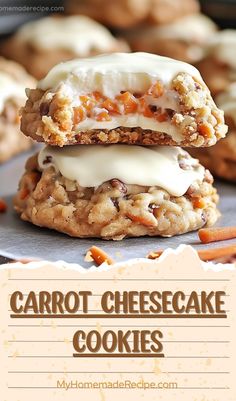 two carrot cheesecake cookies stacked on top of each other with the title above it