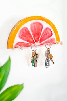 two key chains hanging from the side of a grapefruit slice with keys attached to it