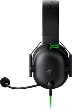 the razer apex gaming headset is black and has a green cord attached to it