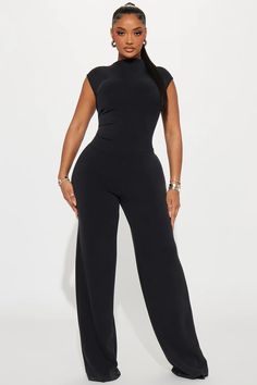 Jody Jumpsuit - Black | Fashion Nova, Jumpsuits | Fashion Nova All Black Outfit For Work Chic, Graduation Jumpsuit Outfit, Black High-neck High-stretch Jumpsuit, Casual Black Off-shoulder Jumpsuit, All Black Outfit For Work, Graduation Outfits For Women, All Black Outfits For Women, Black Wedding Guest Dresses, Black High Stretch V-neck Jumpsuits And Rompers