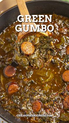 green gumbo soup in a pot with a wooden spoon full of meat and vegetables