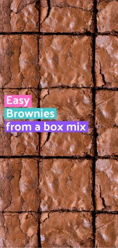 brownies from a box mix are stacked on top of each other with the words easy brownies from a box mix